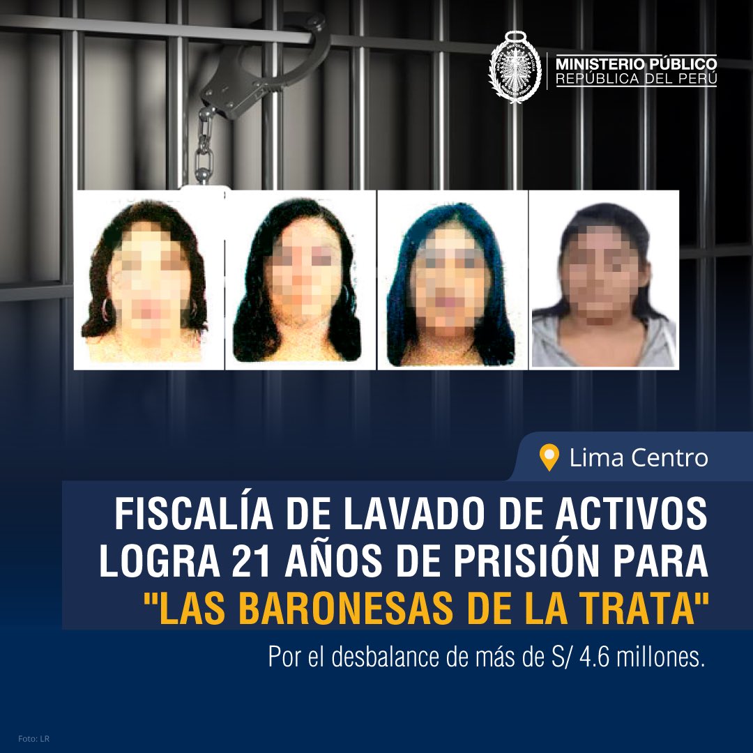 FiscaliaPeru's tweet photo. 🚨 #AcciónFiscal | Segunda Fiscalía Supraprovincial Especializada en Delitos de Lavado de Activos – Sétimo Despacho, logró que se condene a más de 21 años de prisión a las integrantes de la organización criminal "Las baronesas de la trata", quienes generaron un desbalance patrimonial de S/ 4.6 millones mediante el lavado de activos provenientes del delito de trata de personas en Madre de Dios.

▶️ Para dar apariencia de legalidad a los recursos obtenidos, constituyeron empresas y adquirieron diversos bienes muebles e inmuebles.

🗞️https://t.co/i4XnZIjvem