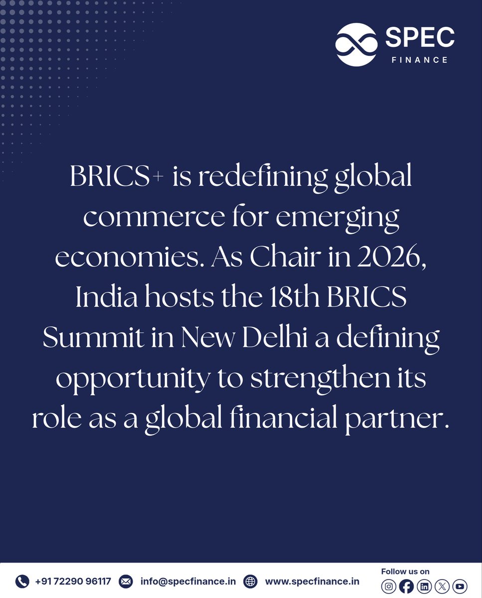 specfinancegfty's tweet photo. "BRICS+ 2026: Strengthening India's Role in Global Finance Through GIFT City"

As BRICS+ Chair in 2026, India hosts a defining summit and GIFT City is at the center of that story. Swipe for the key takeaways 🔗

#BRICSPlus #GIFTCity #SPECFinance #GlobalFinance #india2026 https://t.co/ztq9VkmQ8z