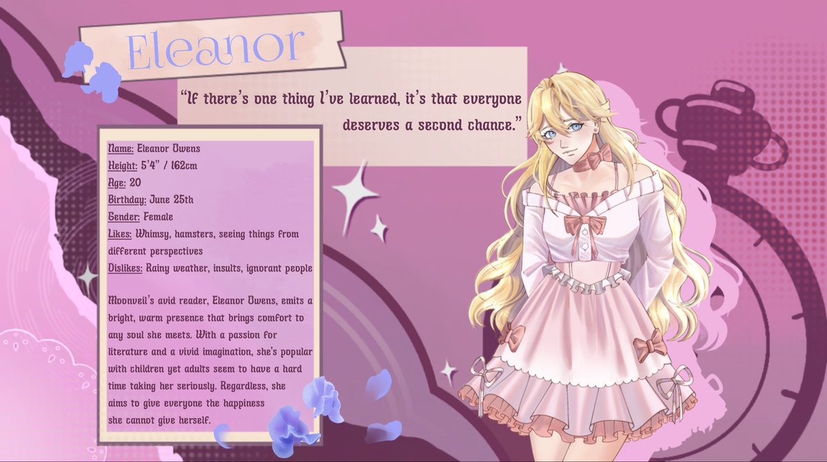 FinalBloomSt's tweet photo. Meet Eleanor Owens, one of our love interests! As warm as the sun and as sweet as candy, she will always be there for you when you need her.
#visualnovel #indiegame #datingsim #smallstudio https://t.co/ObQ67z9wxV