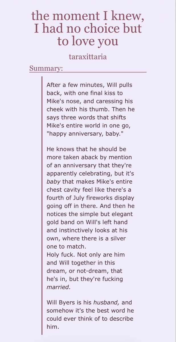 indiebylers's tweet photo. the moment I knew, I had no choice but to love you by taraxittaria
- explicit
- no archive warnings
- 10k, 1/1
- time travel, future fic, married byler, t!will/b!mike

their future marriage is so good mike wasn’t at all concerned about being stuck in the future. so cute!!  - 🪩 https://t.co/Suh6mgTtcJ