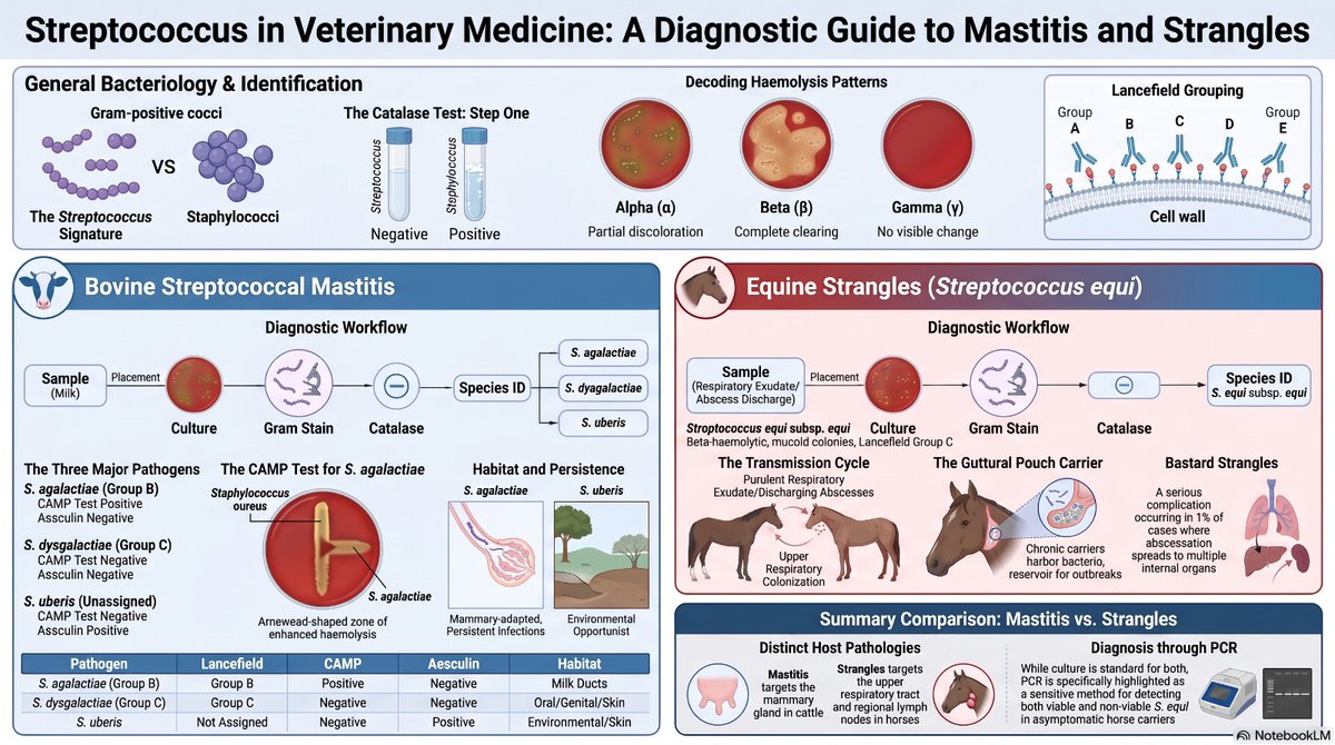 drmmks's tweet photo. 🦠 Streptococcus species are major causes of bovine mastitis and equine strangles. This highlights identification, hemolysis patterns, Lancefield grouping, and key diagnostic tests for accurate diagnosis. 🔬🐄🐎 #VeterinaryMicrobiology #Microbiology #VetMed #SciWhizMicrobiology https://t.co/jFUsQz2JXn