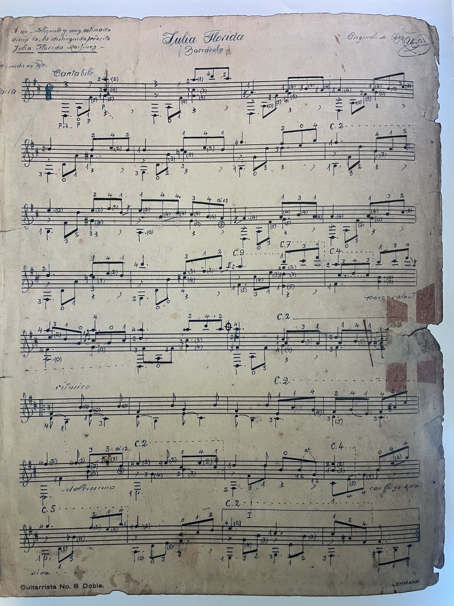 mangore's tweet photo. For the truly hard-core classical guitar nerds: A photo of Julia Florida and Agustin Barrios Mangoré from 1939, and the original manuscript, plus a cleaned-up, easier-to-read version of the original manuscript.

From the Agustin Barrios Mangore Collection of the Cabildo Museum in Asuncion, Paraguay, as printed in volume 1 of Carlos Salcedo's book "El Inalcanzable."

Side note: This is the only photo I've seen of Barrios actually smiling, lol.