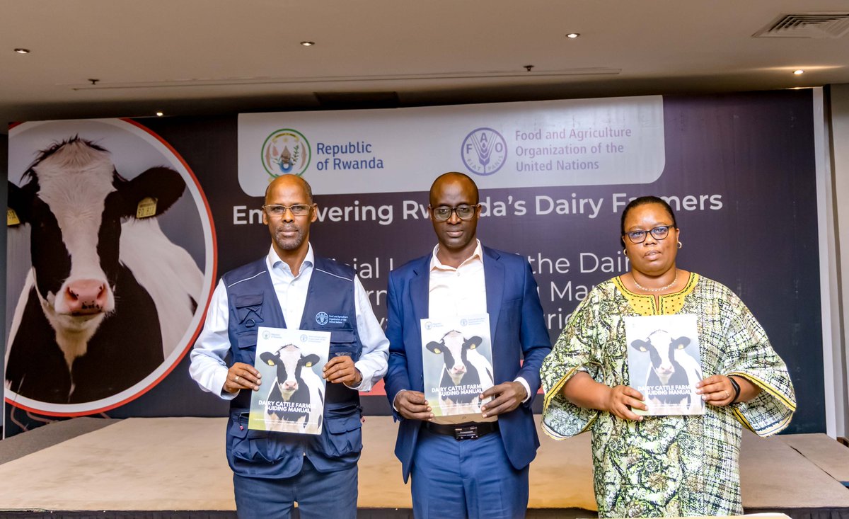 FAORwanda's tweet photo. Today, @FAORwanda joined @RwandaAgri, @NyagatareDistr, dairy farmers and partners to endorse the Dairy Cattle Farmer Guiding Manual, a practical tool to improve herd health, increase milk productivity and strengthen livelihoods in @NyagatareDistr  and @GatsiboDistrict. https://t.co/FqBmqW6ZWC
