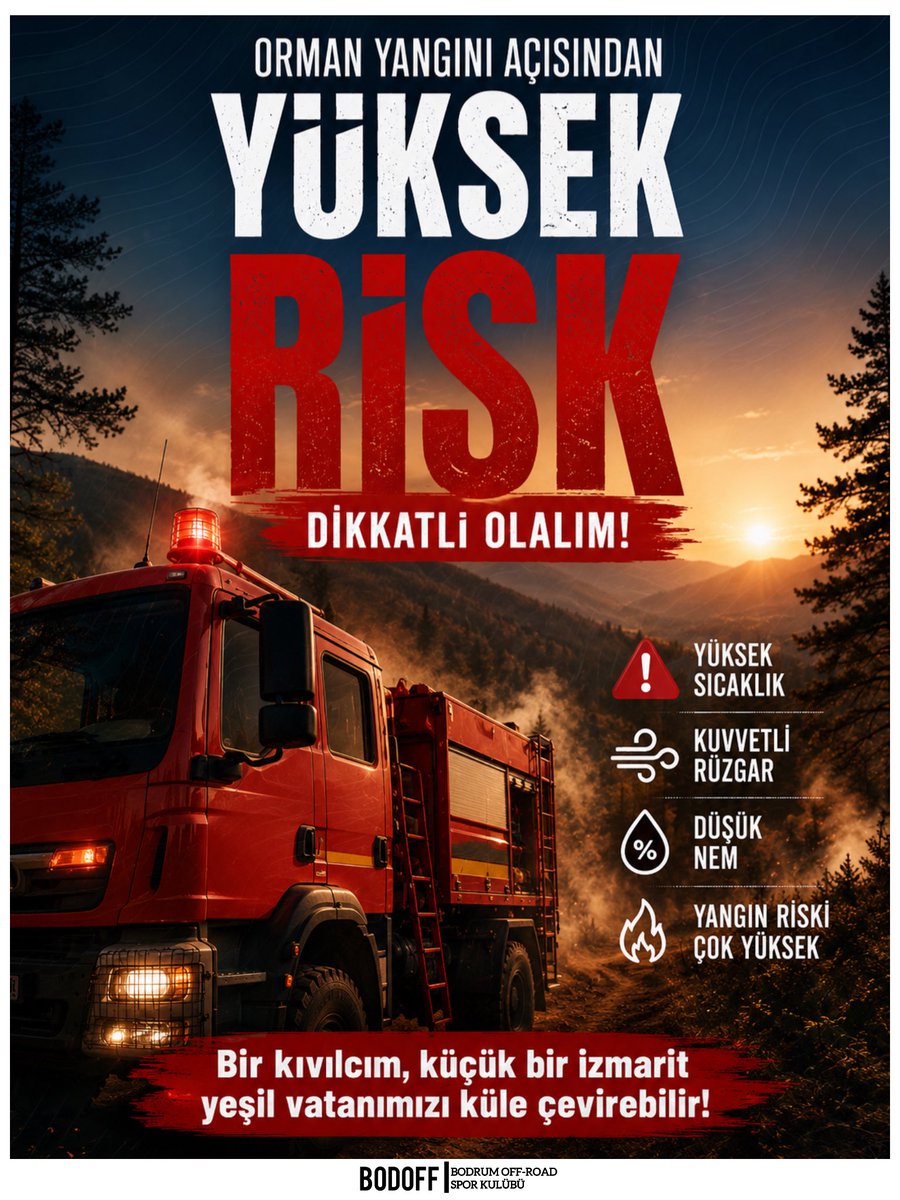 offroadbodrum's tweet photo. ŞİDDETLİ RÜZGÂR MEVCUT!

!! Şiddetli rüzgâr, orman yangınlarının hızla büyümesine sebep olan ve kontrol altına alınmasını güçleştiren en önemli etkenlerin başında geliyor.

Yangına sebebiyet verebilecek her türlü davranıştan kaçınalım.

Yeşil Vatan’ımızı hep birlikte koruyalım… https://t.co/2tyXQl6XbN
