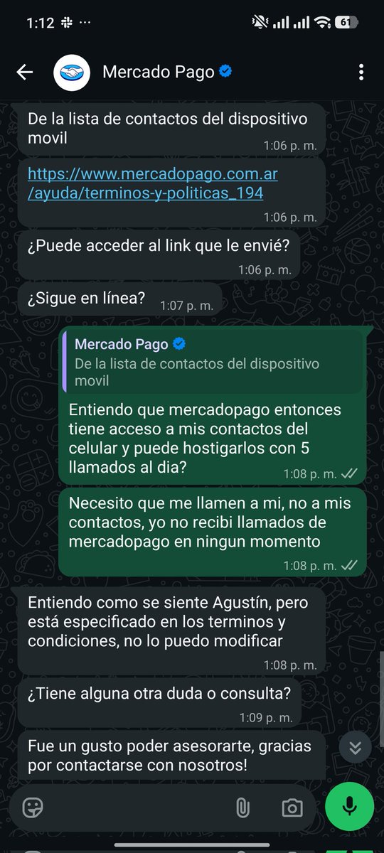agustinminnig's tweet photo. @dzapatillas MercadoPago viene llamando a contactos mios que nunca estuvieron asociadas en mi cuenta.
Hago el reclamo y dicen que ellos tienen potestad de llamar a mis contactos que agarran de mi telefono movil...
Los llaman 6 veces por día, pero en ningun momento me llaman a mi https://t.co/A8mtl2qGMK