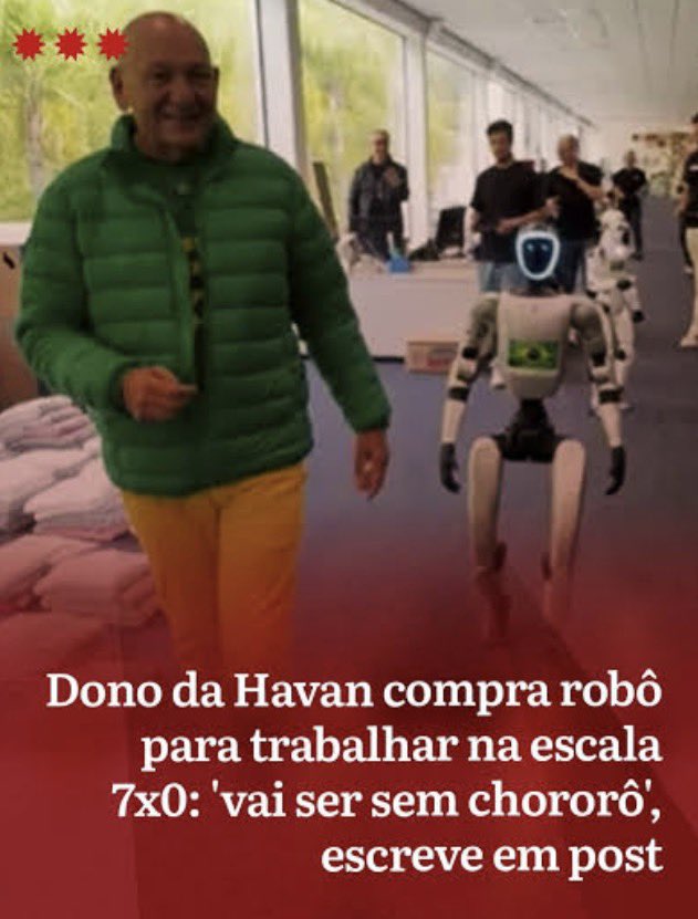 GuilhermeBoulos's tweet photo. O Véio da Havan apresentou um robô 7x0 "sem chororô" como novo funcionário. É a caricatura perfeita do atraso de parte importante da elite brasileira: trabalhador bom é o que não recebe salário nem tem folga. Ou robô ou escravo. https://t.co/NrcW0TfmLg
