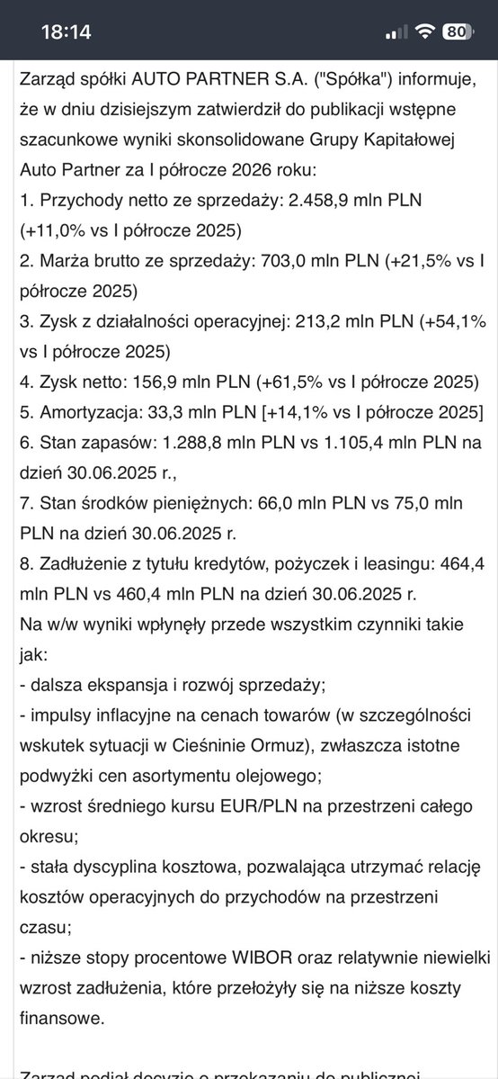premek_m's tweet photo. #APR bardzo dobre wyniki szacunkowe po 1 półroczu Autopartnera, a będzie jeszcze lepiej https://t.co/2dcaPqm4gp