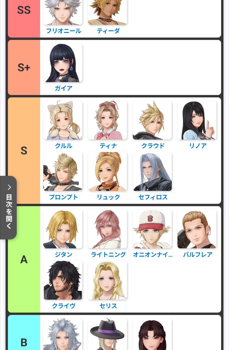 okurimua's tweet photo. @DissidiaDB 他の人の評価を見るのは良いですね！私もX等で見ています！

ちなみに違うサイトではこうなっていました
結局そのキャラを使いこなせるかどうかで変わりますからね…tear表を気にしすぎるのも問題だと思います😊 

自分の好きなキャラがtearSSS✨ https://t.co/QWz1FxiWFk