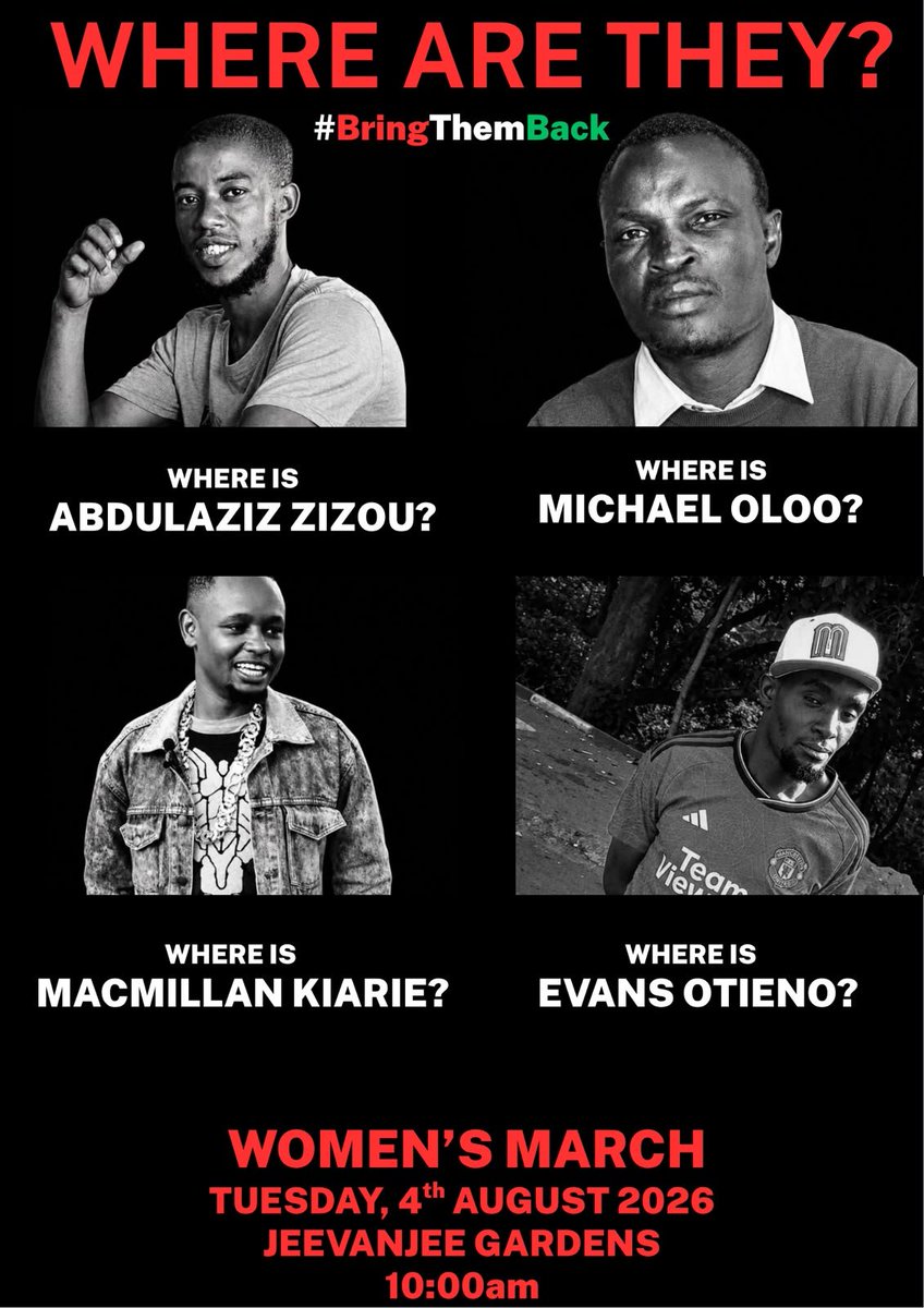 wanjirunjira's tweet photo. We will be having a women's only march to protest abductions,  enforced disappearances and demand the release of the 4 Kenyans who have been missing for our over 40 days now! We ask for your solidarity in demanding their release and  #TekelezaKatiba .  #WakoWapi? #BringThemBack https://t.co/bCBNRKg6L9