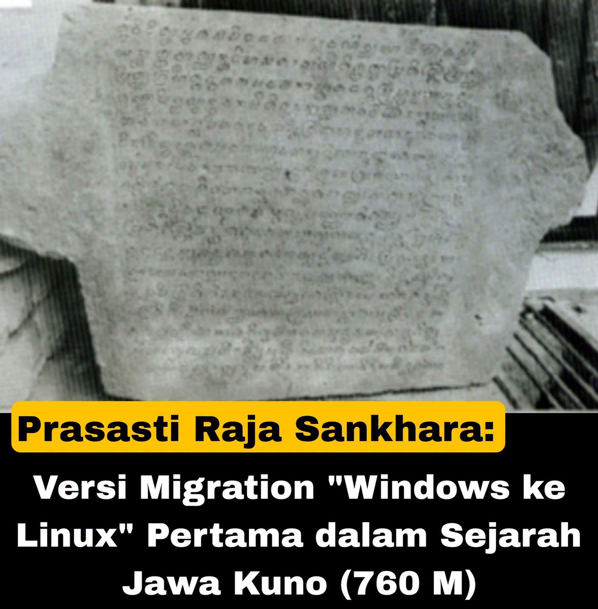 dntyk's tweet photo. Kira-kira 1.200 tahun sebelum ada yang nge-tweet "Windows error 0x800F081F, pindah Linux aja lah", ada raja Jawa yang udah format harddisk duluan.

Raja Sankhara dari Mataram Kuno. Awalnya istananya jalan di atas "Siwa OS", sistem operasi spiritual bawaan yang katanya stabil. Pas ayahnya sakit 8 hari non-stop dan semua mantra, doa, patch dari Sang Guru gagal total, ayahnya shutdown permanen. Raja Sankhara liat sendiri sistemnya crash, dev-nya gak amanah, langsung kapok total.

Keputusannya frontal, uninstal Siwa OS, install Buddha Mahayana Distro. Nangis-nangis dulu pas uninstall katanya, tapi tetap lanjut. Habis migrasi, dia bangun candi sebagai perayaan, nulis syair prasasti 4 bait di atas lempengan batu, kayak orang nulis changelog. Bait terakhir bahkan minta musuh kerajaan kena banned.

Biar gak kena serangan balik dari loyalis sistem lama, dia juga mindahin pusat kerajaannya ke timur. Migrasi total, termasuk pindah server.

Jadi kalau ada yang bilang pindah OS itu berat, inget raja yang pindah agama, pindah ibu kota, dan nulis dokumentasinya di batu biar generasi berikutnya tau alasan migrasinya. Itu namanya commit message yang gak akan pernah bisa di-force push.

Pernah migrasi dari satu "OS" ke "OS" lain, baik beneran atau kiasan? Cerita dong.