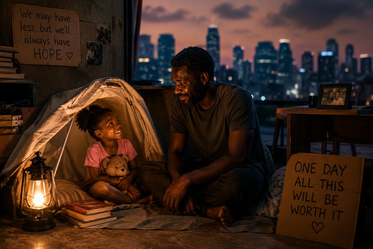 Marywealth05's tweet photo. When the father lost his job, he told his daughter they were “going on an adventure”.
They moved to one tiny room apartment.

Every night he turned off light and said,
“Let’s pretend we are camping under the star”

She laughed..
He smiled too..

But only after she fell asleep did he quietly wipe away his tears.

Years later, one day she graduated as a doctor, she hugged him and whispered,
“I always knew we were poor,”

“I just never felt poor because you never let me loose hope”

The greatest gift you can give someone isn’t money.”

It’s the courage to believe tomorrow can be better than today.