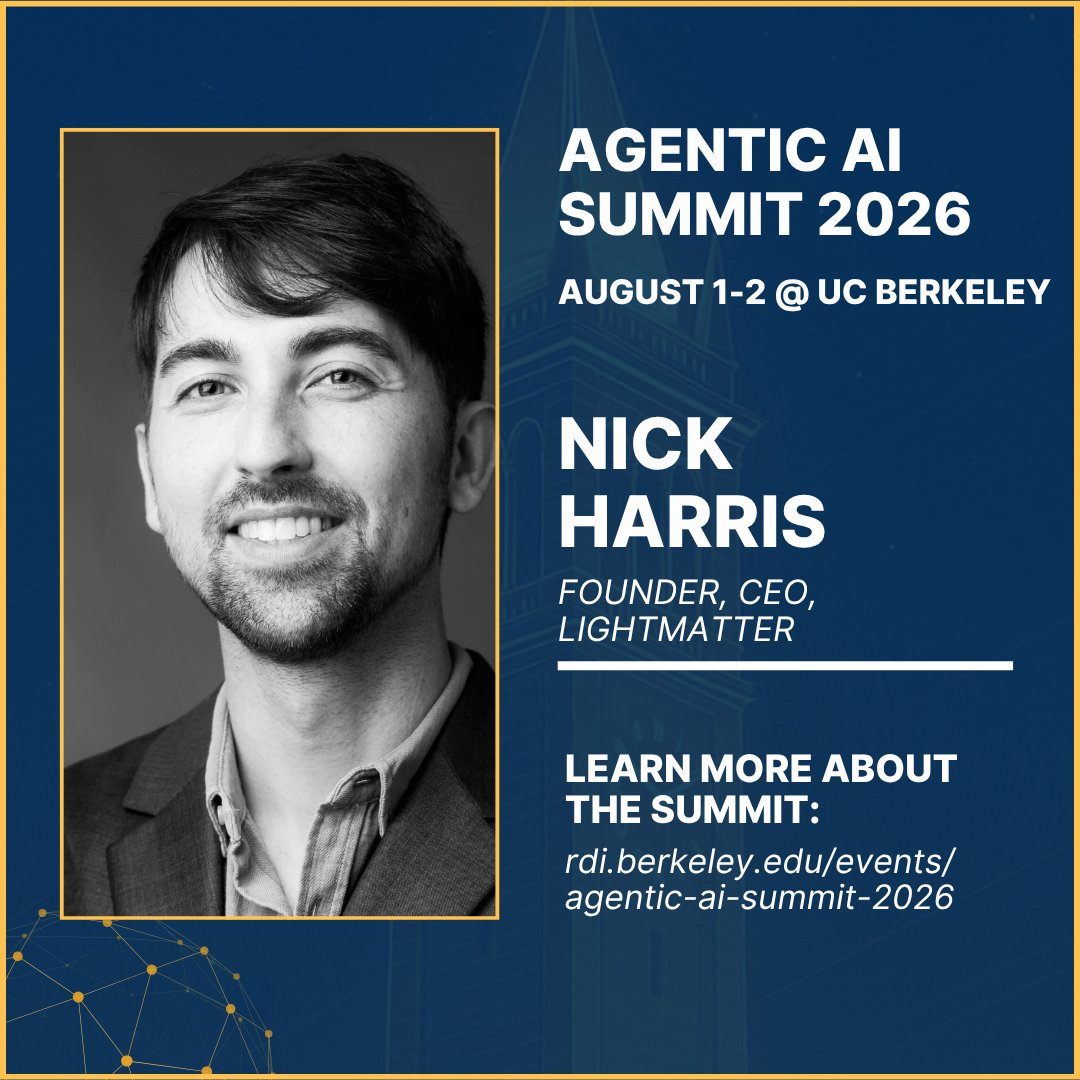 LightmatterCo's tweet photo. Our CEO Nick Harris will deliver a talk titled “Photonics Is the Future of Computing” at UC Berkeley on Saturday, August 1 at 10:15 AM PT as part of the Agentic AI Summit 2026 (Compass session 1), hosted by Berkeley RDI and Responsible Decentralized Intelligence Foundation. The event brings together leaders to explore, discuss, and collaboratively shape the future of AI and Agentic AI. 
Register to join the free livestream: https://t.co/fN4KoTT0D2 
@theanalognick