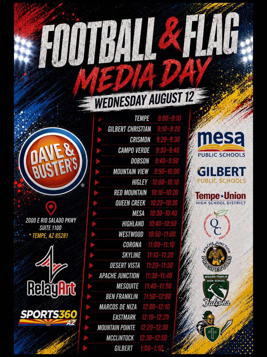 Mesa_FB's tweet photo. Excited to announce the MPS District's Football 2026 media day, Wednesday August 12th @DaveandBusters. The Jackrabbits would like to invite all media outlets to join us and check out our student-athletes along with all of our district's talent on display! #CarryOn #WeGotYour6 #BAM
@MesaHSathletics
@Jackrabbits2026
@coachpondAD