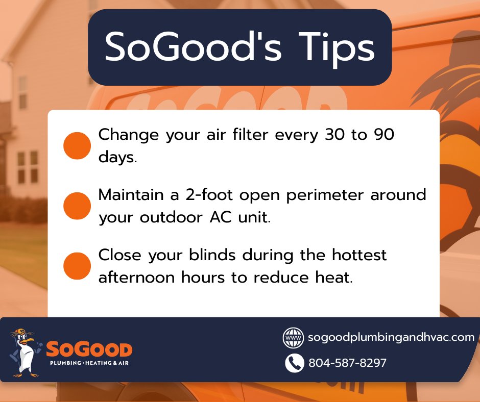 SoGoodHVAC's tweet photo. Your cooling system works incredibly hard to combat the dense Virginia heat. A few simple adjustments around the house can take the heavy lifting off your compressor, extending its lifespan and keeping your energy bills beautifully low! ☀️ https://t.co/OYzBNTFE9E