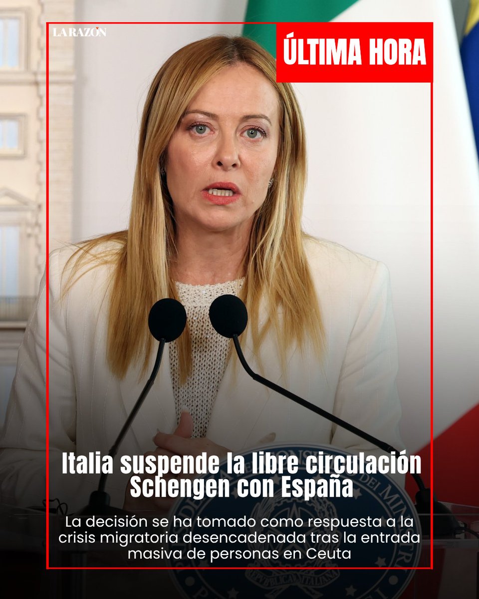 larazon_es's tweet photo. 🔴ÚLTIMA HORA |  Italia ha suspendido temporalmente la libre circulación Schengen con España tras la crisis migratoria desencadenada por la entrada masiva de personas en Ceuta.

🚧 La medida supone el restablecimiento de controles en los desplazamientos entre ambos países mientras las autoridades evalúan la evolución de la situación.

🔗https://t.co/ZfsumYklB9