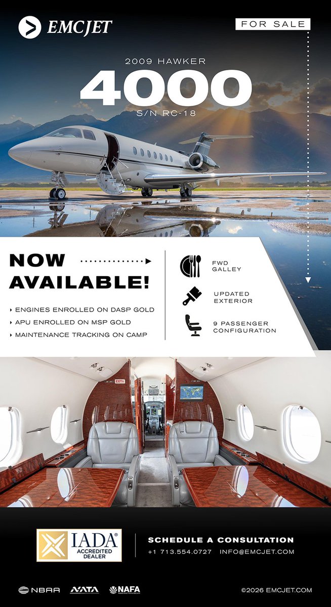 leader_luxury's tweet photo. New to market - 2009 #Hawker 4000 available through EMCJET
Engines enrolled on DASP Gold
APU enrolled on MSP Gold
More details at: https://t.co/NWM8a6TtUc
#bizav #aircraftforsale #privatejet #privateflying #jetforsale #businessaviation
Join our mailing list here: https://t.co/X3K2KP1kNP