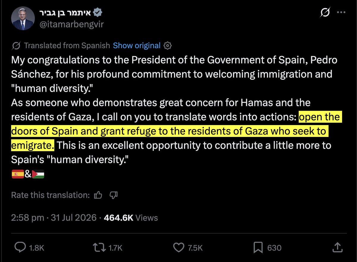 Manouck44's tweet photo. En feignant d'inviter l'Espagne et @sanchezcastejon  à "accueillir" les habitants de Gaza, Ben Gvir promeut ouvertement son agenda de déplacement forcé de millions de civils.

Ce n'est pas de la diplomatie, c'est la revendication décomplexée d'un crime de guerre sur X. https://t.co/JfJIXQIWLm