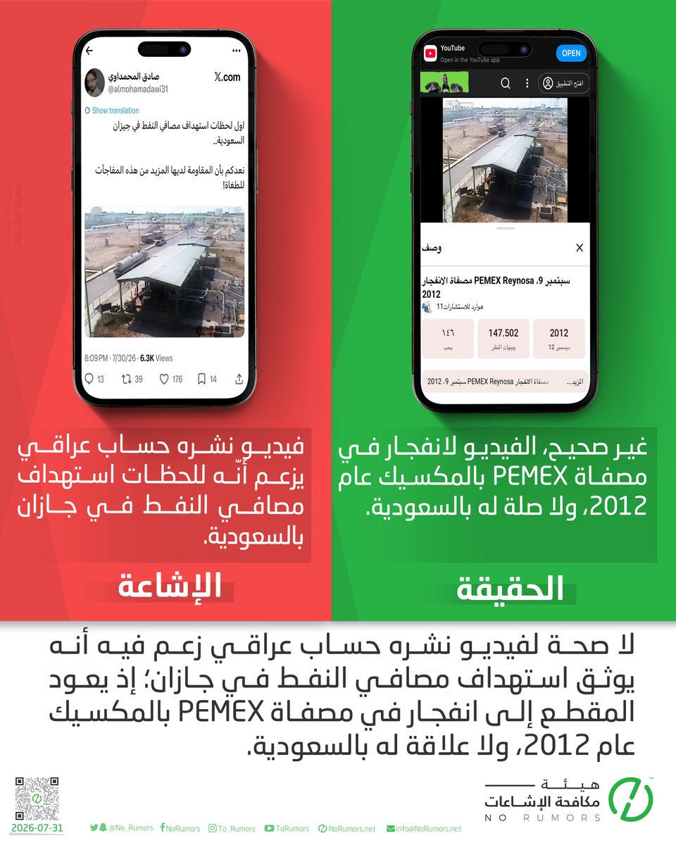 No_Rumors's tweet photo. لا صحة لفيديو نشره حساب عراقي زعم فيه أنه يوثق استهداف مصافي النفط في #جازان؛ إذ يعود المقطع إلى انفجار في مصفاة PEMEX بالمكسيك عام 2012، ولا علاقة له بالسعودية. #تحقق_لوطنك https://t.co/RobZgeMFbA