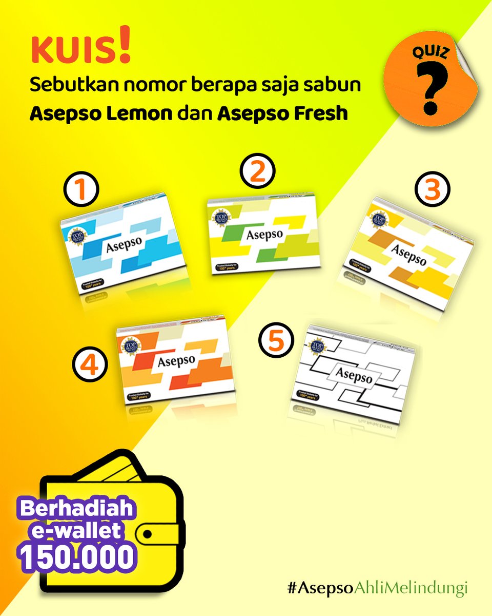 asepsosoap_id's tweet photo. SINI SINI YANG MAU E-WALLET Rp 150,000 untuk 3 orang pemenang dari 3 platform!

Jawab pertanyaan di bawah ini :
Pertanyaannya, Sebutkan mana sabun Asepso Lemon dan Asepso Fresh. https://t.co/xM0gE5BIbC