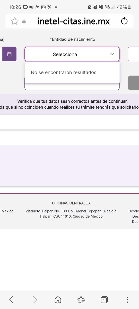 Bertiux_MB's tweet photo. Buen día para comentarles que su portal de citas está fallando. Llevo aproximadamente tratando de registrar una cita y no he podido porque en el apartado de 
@INEMexico identidad de nacimiento no despliega los estados y no puedo avanzar https://t.co/CpibNOrX0q