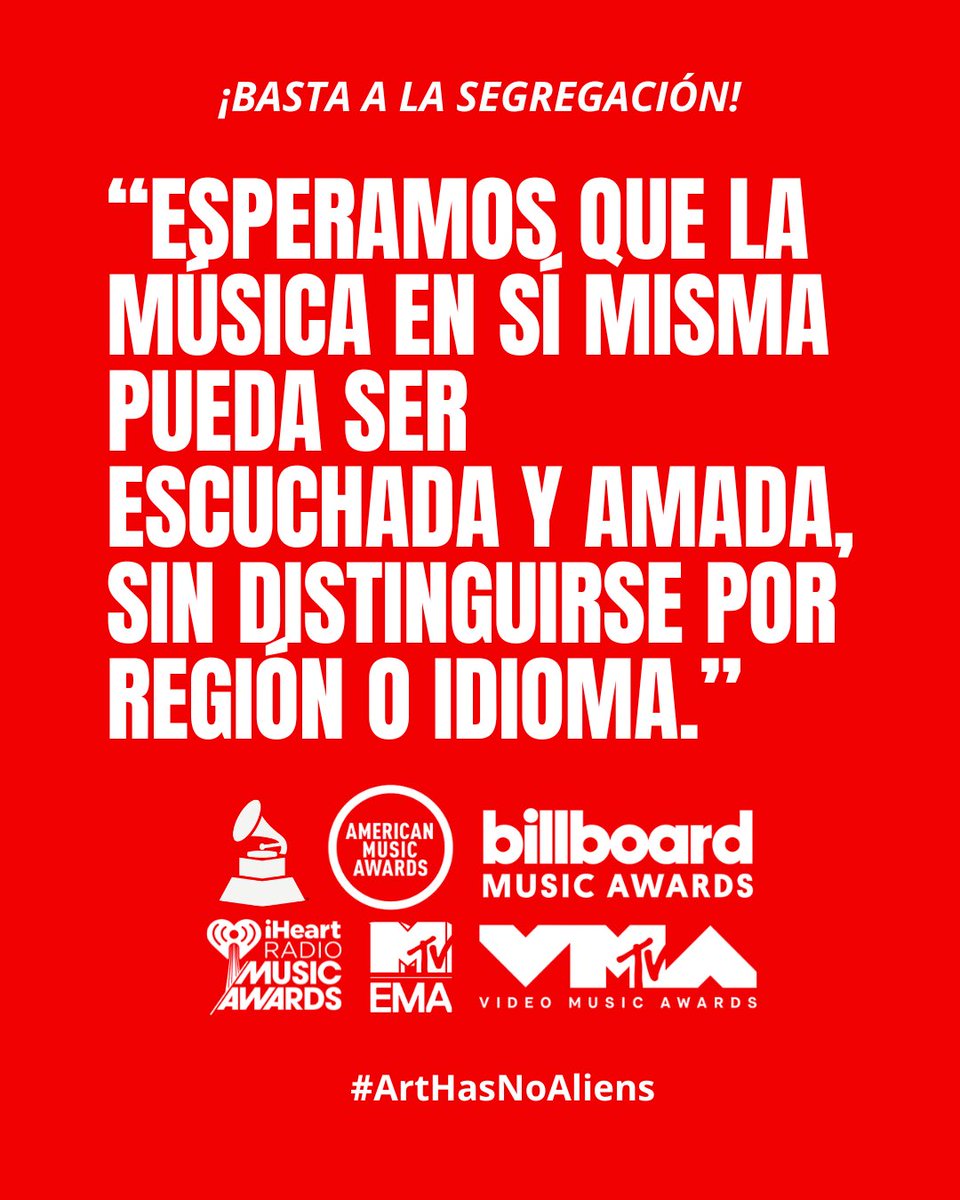 mxcharts's tweet photo. La música es uno de los elementos más poderosos del mundo. Tiene la capacidad de unir a millones de personas, sin importar su cultura, contexto o idioma. Por esa misma razón, no debe segregarse por región o idioma.

"Esperamos que la música en sí pueda ser escuchada y amada, en lugar de ser distinguida por región o idioma." - BTS

Como fans, esperamos que todas las premiaciones que han segregado a los artistas en categorías secundarias, limitando su impacto y reconocimiento en las categorías principales, realmente consideren el grave daño que están causando.

Entre esas premiaciones se encuentran:
• MTV Video Music Awards (VMAs) – 2019: Best K-Pop @MTV • MTV Europe Music Awards (EMAs) – 2021: Best K-Pop @mtvema • American Music Awards (AMAs) – 2022: Favorite K-Pop Artist @AMAs • Billboard Music Awards (BBMAs) – 2023: Top Global K-Pop Artist / Top K-Pop Touring Artist / Top K-Pop Album / Top Global K-Pop Song @BBMAs • iHeartRadio Music Awards – 2024: K-Pop Artist of the Year / K-Pop Song of the Year / Best New Artist (K-Pop) @iHeartRadio • Premios Grammy – 2026: Best Asian Pop Music Performance @RecordingAcad

ART HAS NO ALIENS 
#ArtHasNoAliens