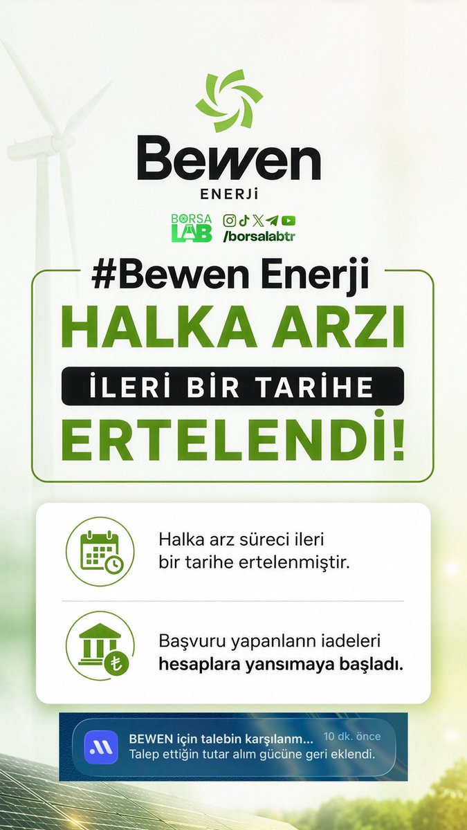 trborsalab's tweet photo. #Bewen Enerji halka arzı ileri bir tarihe ertelendi. ❎

Başvuru yapanların iadeleri hesaplara yansımaya başladı.✅ https://t.co/XhIEVPlIGD