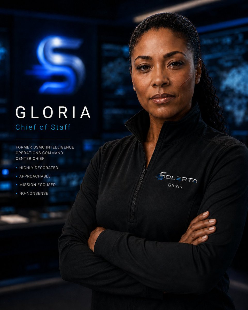 Solertaai's tweet photo. Meet Gloria, Solerta’s Chief of Staff. Tchula, Mississippi native. Former USMC Intelligence Operations Command Center Chief and decorated veteran, Purple Heart recipient. Rumor has it she helped target two underground nuclear sites. Gloria doesn’t manage chaos—she commands it. https://t.co/th56mDkuI0