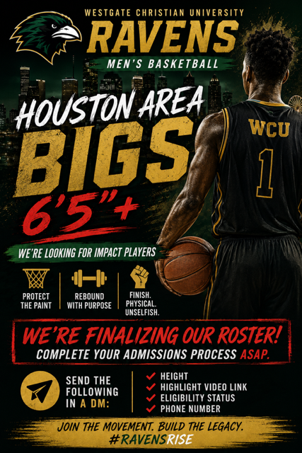 WCU_MensHoops's tweet photo. π¨ LAST TWO ROSTER SPOTS.
Houston-area bigs (6'5"+), this is your opportunity.
We're finishing our roster and moving quickly through admissions.
DM:
β
Height
β
Highlight video
β
Eligibility status
β
Phone number
Leave your mark. #RavensRise #HoustonBasketball #CollegeBasketball