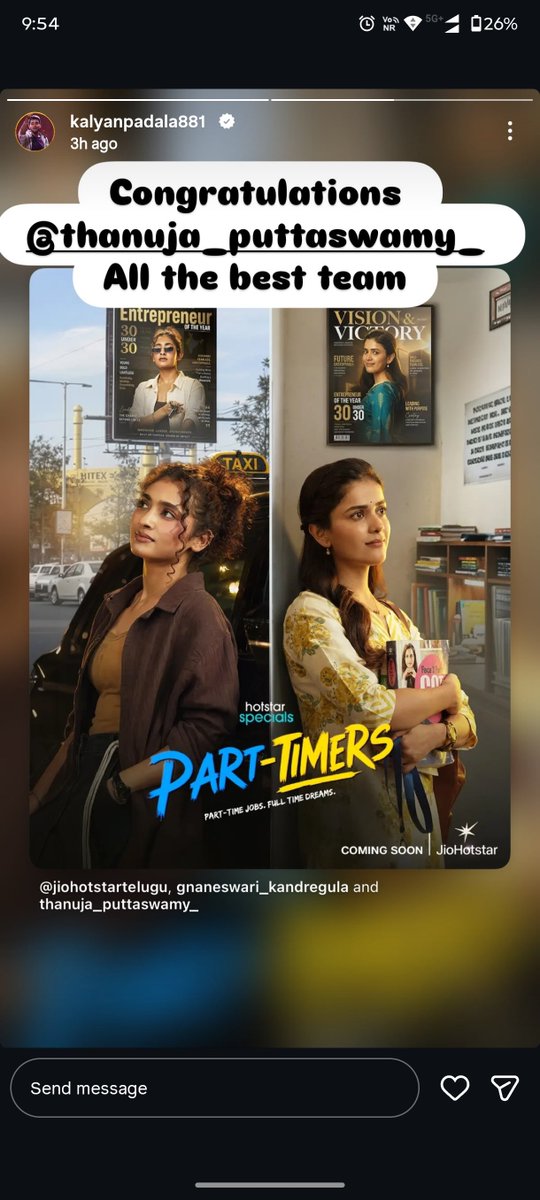 Dada_1439's tweet photo. @kalyanpada38118 instagram story Congratulations @ThanujaP123 all the very best 😎

#KalyanPadala #partTimers https://t.co/hFRE5IjNSf