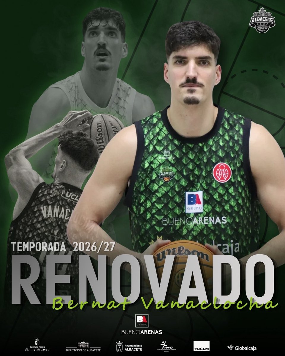 AlbaceteBasket's tweet photo. Aquí está, ya llegó, la ‘pieza clave’ que faltaba en el equipo🤩
El pivot asturiano Bernat Vanaclocha renueva en el Bueno Arenas Albacete Basket para la temporada 2026/27.
¡Cada vez falta menos para empezar la temporada🙌🏻!
#ruidoparqueruido https://t.co/ktaGUDmaEw