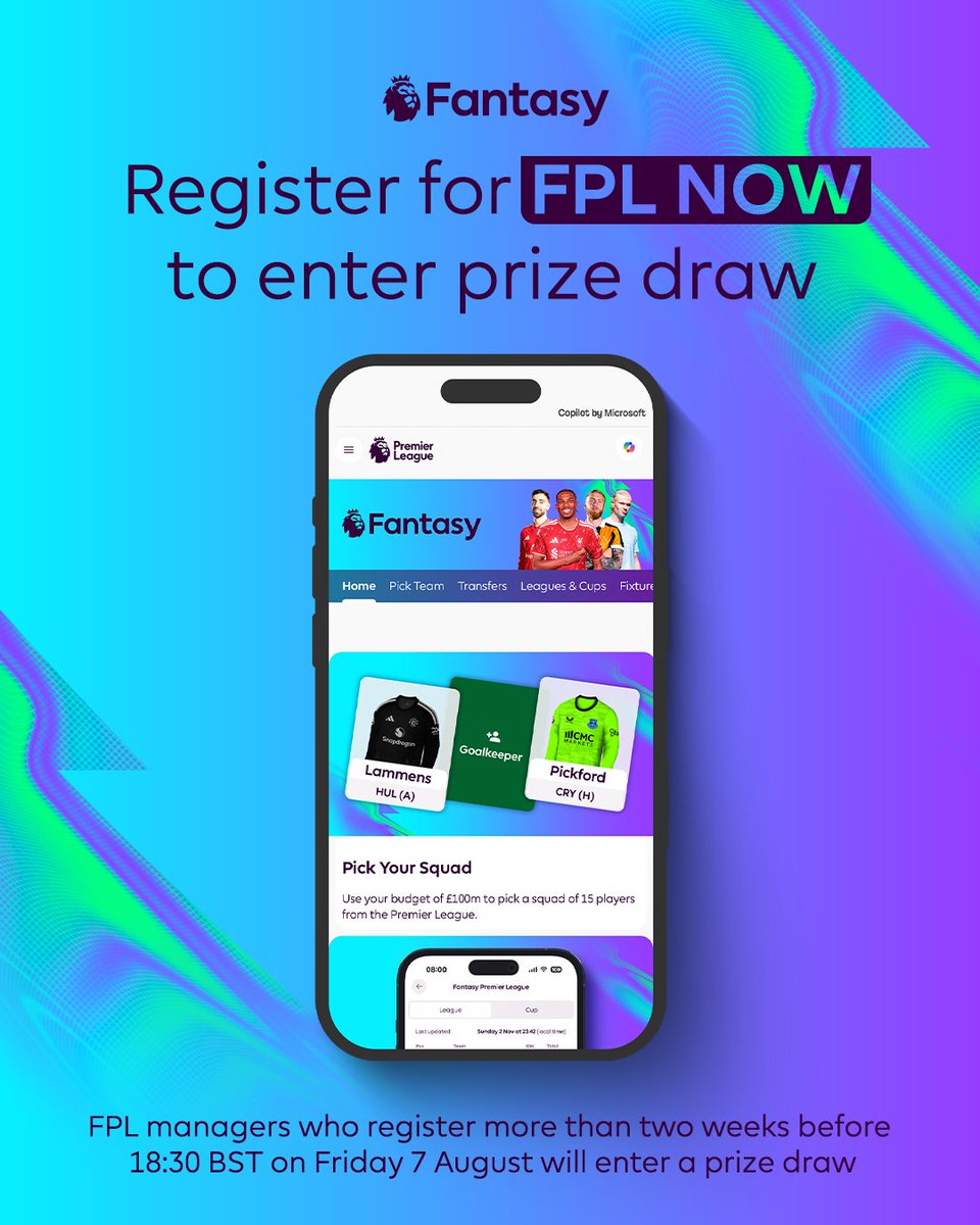 OfficialFPL's tweet photo. You could be in with a chance of winning a prize for playing Fantasy Premier League! 🎁  

Register for #FPL before 18:30 BST on Friday 7 August to enter the draw 👉 https://t.co/4sVPeO4s4K https://t.co/NehgJ7LBzP