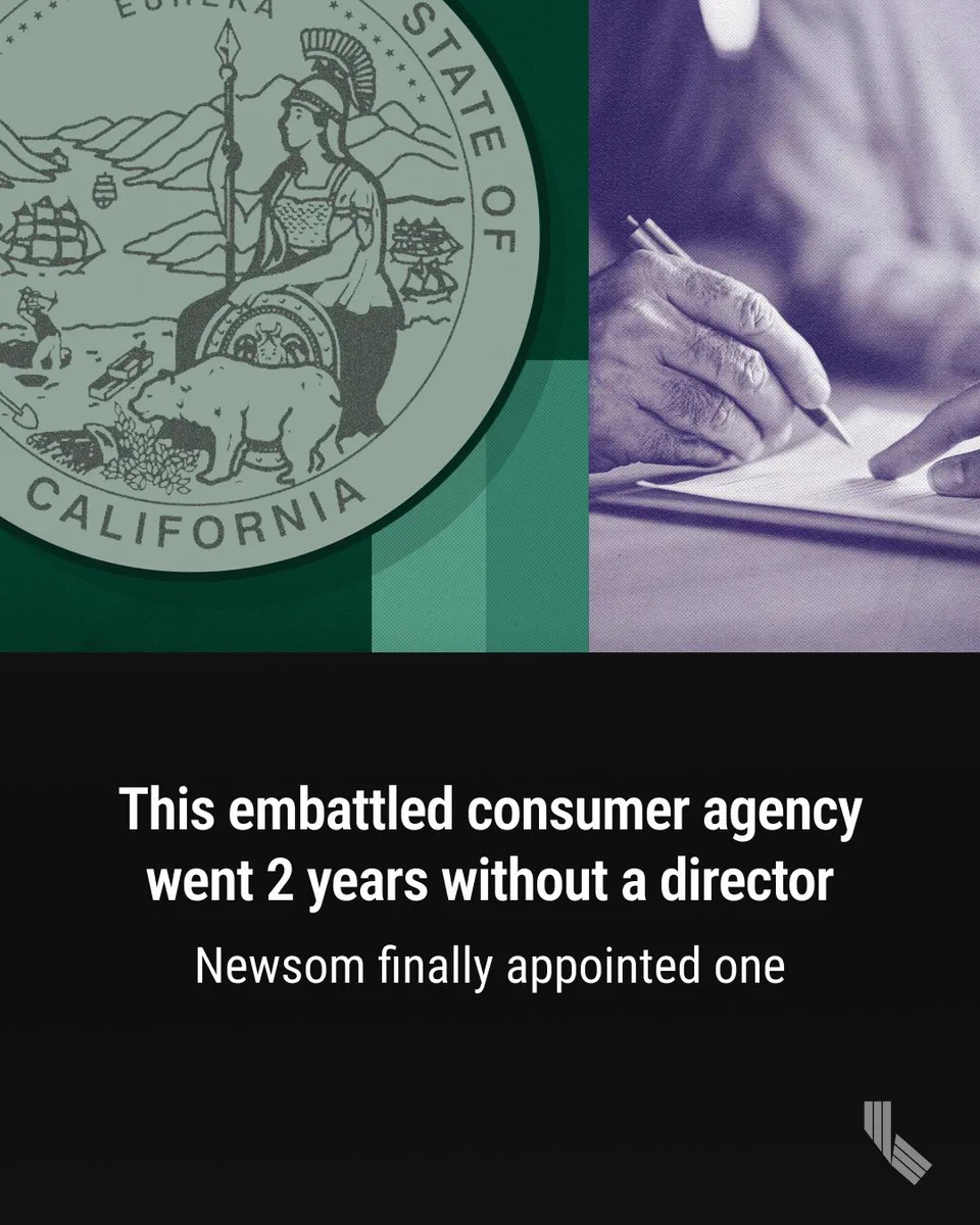 A graphic combines part of the California state seal with a close-up of a person signing a document. The design uses green and purple tones with layered geometric shapes in the background. Illustration by Miguel Gutierrez Jr.