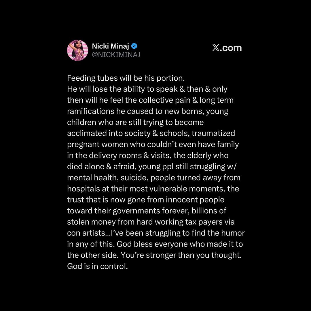 RGMNow's tweet photo. Nicki Minaj posts fiery message on Dr. Fauci 👀

5️⃣ Speaks on impact of pandemic rules
4️⃣ Highlights trauma on families, kids &amp; etc.
3️⃣ Calls out lost trust &amp; taxpayer money
2️⃣ Details emotional &amp; physical societal toll
1️⃣ Ends post with message of strength &amp; faith

Do you agree? https://t.co/HY0PQSPVo1