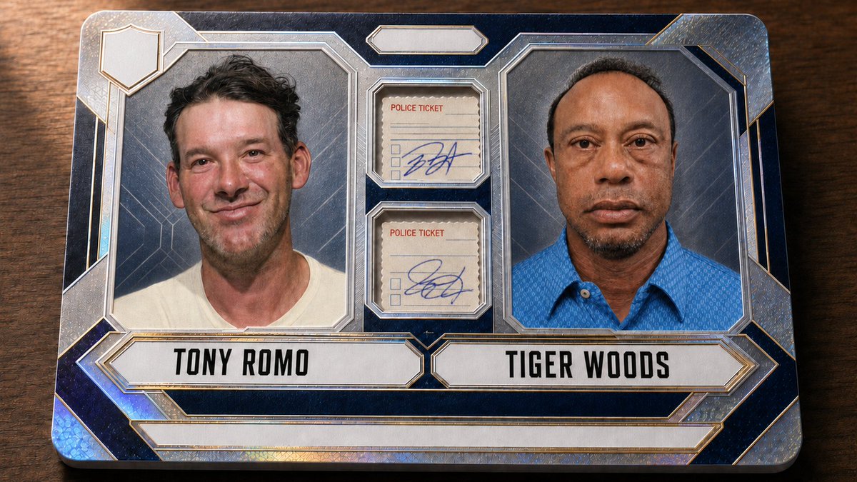MemeCardsHQ's tweet photo. @TheAthletic Tony Romo x Tiger Woods Dual Arrest Mugshot Card just released🤣 https://t.co/ozw2BVx7Vc