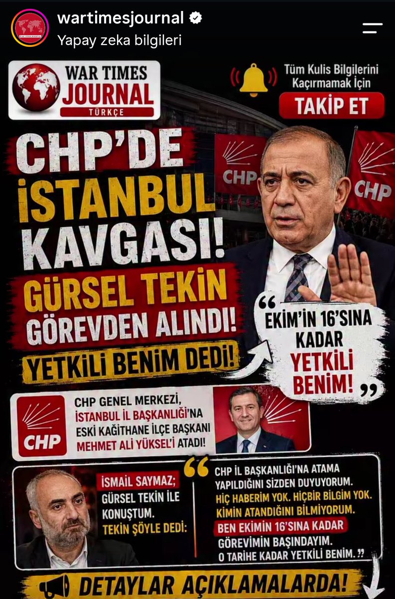 sena_urla35's tweet photo. CHP İstanbul il bşk @gurseltekin34 görevden alındı yerine eski Kağıthane ilçe bşk Mehmet Ali Yüksel atandı. https://t.co/AshEgMaqLf