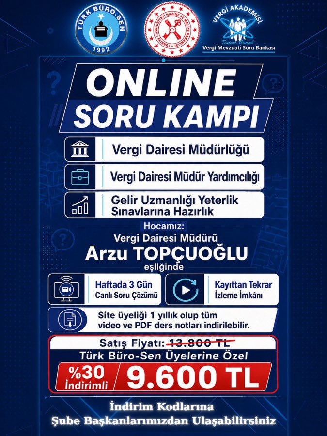 TurkesGuney's tweet photo. 🤝🏻 EĞİTİM ANLAŞMASI

📌 Gelir İdaresi Başkanlığı personeli üyelerimize yönelik Vergi Kanunları ve Vergi Mevzuatı içerikli eğitim anlaşması yaptık. Vergi Dairesi Müdürlüğü Sınavı , Vergi Dairesi Müdür Yardımcılığı Sınavı ve Gelir Uzmanlığı Yeterlik Sınavına yönelik içeriğe sahip; 

🔴 VERGİ KANUNLARI OFFLINE EĞİTİM
🔴 ONLINE SORU KAMPI

eğitimlerini içeren anlaşmamız "Vergi Akademisi" kurumuyla imzalanmıştır.

📌 İndirim kodunu şube başkanlarımızdan temin edebilirsiniz.