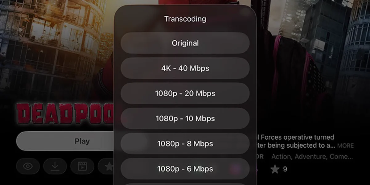 Transcoding options for video streaming display different resolutions and bitrates on a media player interface, with "Deadpool" visible.