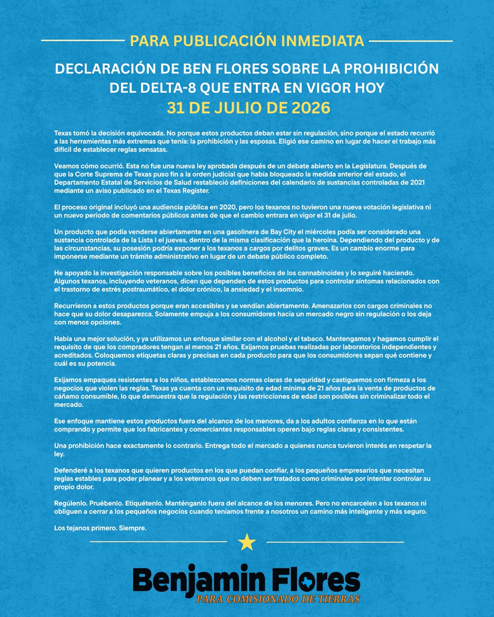 Flores4LandCom's tweet photo. Texas debe regular el Delta-8, no criminalizar a los tejanos ni cerrar pequeños negocios.

Pruébenlo. Etiquétenlo. Manténganlo fuera del alcance de los menores.

Los tejanos primero. Siempre.

#Delta8 #PolíticaDeTexas https://t.co/m46NLVlAz8