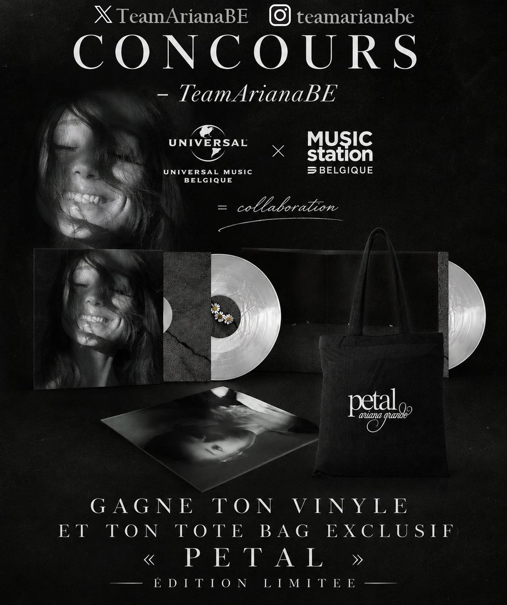 TeamArianaBE's tweet photo. 🎉CONCOURS EXCLUSIF 🎉

À l'occasion de la sortie du huitième album d'Ariana Grande, petal, nous sommes heureux de vous offrir le vinyle petal ainsi que son tote bag en édition limitée ! 🤍

Pour participer :
✨Suivez notre compte ainsi sur X (Twitter) et Instagram.
✨ Suivre Universal Music Belgique et Music Station Belgique sur instagram
❤️ Likez et repostez (RT) ce post @teamarianabe.
🏆 1 seul gagnant sera tiré au sort.
📅 Vous avez jusqu'au dimanche 9 août à 20h00 pour tenter votre chance.

Bonne chance à toutes et à tous ! 🍀🫶🏼