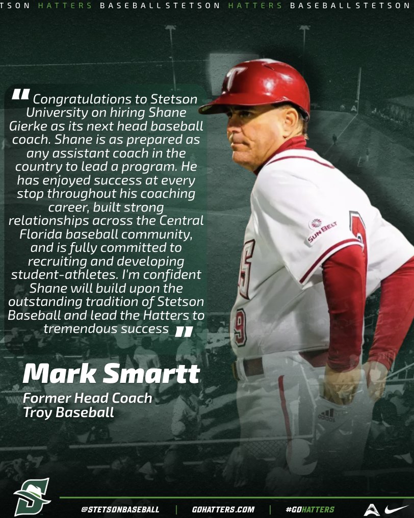 StetsonBaseball's tweet photo. 𝗧𝘄𝗼 𝗿𝗲𝘀𝗽𝗲𝗰𝘁𝗲𝗱 𝘃𝗼𝗶𝗰𝗲𝘀 𝗶𝗻 𝗰𝗼𝗹𝗹𝗲𝗴𝗲 𝗯𝗮𝘀𝗲𝗯𝗮𝗹𝗹. 𝗢𝗻𝗲 𝗰𝗹𝗲𝗮𝗿 𝗺𝗲𝘀𝘀𝗮𝗴𝗲.

Former Troy head coaches Mark Smartt and Bobby Pierce on why they believe Shane Gierke is the right person to lead Stetson Baseball.

#GoHatters https://t.co/V7pH5lswLF
