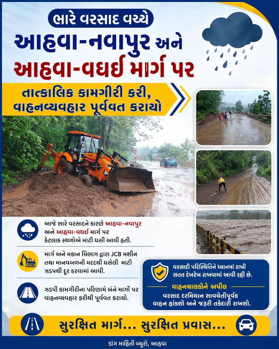 InfoDangGog's tweet photo. ડાંગ જિલ્લામાં આજરોજ પડેલા ભારે વરસાદના કારણે આહવા-નવાપુર રોડ તથા આહવા-વઘઈ રોડ પર કેટલાક સ્થળોએ માટી ધસી આવી હતી, જેના કારણે વાહનવ્યવહારને અસર થવાની સ્થિતિ સર્જાઈ હતી.

ભારે વરસાદ વચ્ચે આહવા-નવાપુર અને આહવા-વઘઈ માર્ગ પર તાત્કાલિક કામગીરી કરી, વાહનવ્યવહાર પૂર્વવત કરાયો : https://t.co/j5F3HRIwJo
