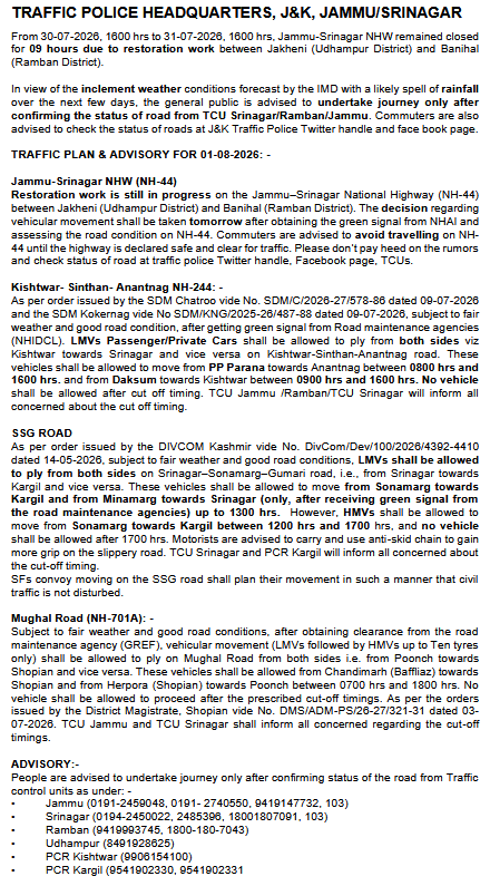 Traffic_hqrs's tweet photo. Traffic Plan/Advisory for 01-08-2026
@JmuKmrPolice
@JKTransportDept
@OfficeOfLGJandK
@Divcomjammu
@DivComKash
@ZPHQJammu
@igp_jammu
@diprjk
@ddnews_jammu
@ddnewsSrinagar
@ddnewsladakh https://t.co/4sPNdtUbKJ