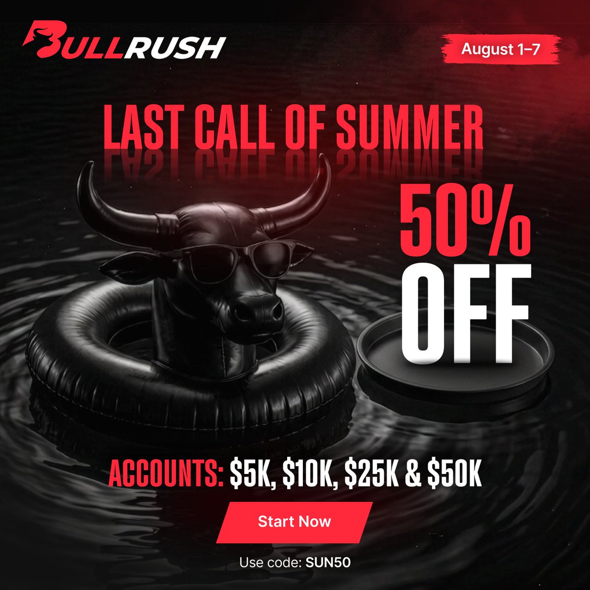 Bullrushcomp's tweet photo. Last call of summer 🐂

50% OFF BullRush Prop Challenges
Aug 1–7 only
$5K · $10K · $25K · $50K
Code: SUN50
👉https://t.co/z3XcvgUaSX https://t.co/gWrIWdPncw