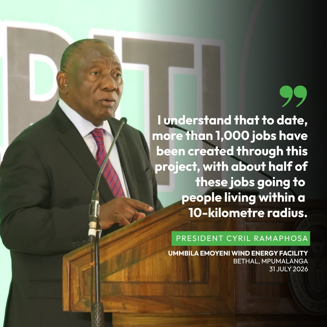 GovernmentZA's tweet photo. [Highlights]  Address by President Cyril Ramaphosa at the opening of the Ummbila Emoyeni Wind Farm 

#InvestSA
#AWorkingNation 
#GovZAUpdates 
#SAInnovates

Read more: 🔗 https://t.co/liN7ZFdM82 https://t.co/6B5n01mYpw