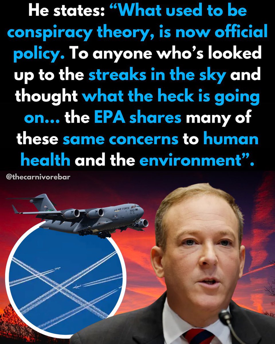 thecarnivorebar's tweet photo. 🚨EPA CHIEF URGENT WARNING

🗣️ EPA Administrator Lee Zeldin says geoengineering is real and warns that experiments releasing pollutants into the atmosphere could pose serious risks to both human health and the environment.

⛔️ He says the EPA wants to stop these activities before they are scaled up:

‼️ Meanwhile, the BBC has reported that some proposed geoengineering methods could harm billions of people.

✈️ The methods involve dispersing dangeorus particles into our atmosphere to block out sunlight:

⚠️ Aluminium
⚠️ Strontium
⚠️ Barium
⚠️ Mercury
⚠️ Cadmium
⚠️ Graphene oxide 

👉 The debate is no longer about whether geoengineering exists - it’s about whether it should ever be used.

👀 What do you think?

⬇️ Want to learn more hidden truths and high protein recipes?

📰 Then comment “NEWSLETTER” to sign up and stay informed!

🥩 You wanted more affordable Carnivore Bars. We listened. Comment ‘EVERYDAY’ to check out our new Everyday Carnivore Bars!

📚 Or comment “BOOK” to read the research for yourself.