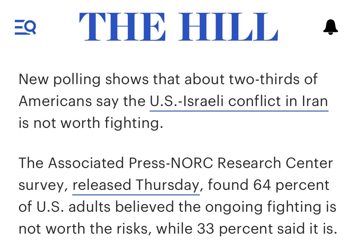 joekent16jan19's tweet photo. Hopefully President Trump is paying attention to the polling that shows that the majority of Americans oppose this war. 

He will have tremendous support if he acts now to get our troops out of the region before we take even more casualties, & before the energy crisis gets worse. 

His window of opportunity shrinks with every moment that passes.