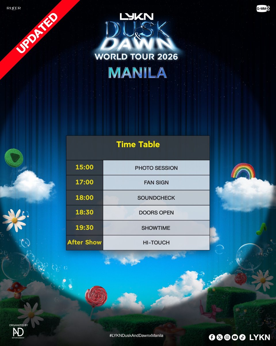 GMMTV's tweet photo. 📢 Important Update Announcement

Please note: the venue for LYKN DUSK AND DAWN WORLD TOUR IN MANILA has changed to World Trade Center Hall A.

After careful consideration and extensive discussions with our partners, we have decided to move the event to a larger venue to better accommodate everyone who wishes to join us and to deliver the best possible concert experience for all fans. We sincerely appreciate your understanding and flexibility, and we’re excited to welcome you to an even bigger and more memorable LYKN DUSK AND DAWN WORLD TOUR IN MANILA.

Additionally, the seating chart and ticket prices have also been updated. Tickets will go on sale via Ticketmelon at 5 August 2026 10:00 AM (GMT+8).

Thank you for your continued support and understanding as we work to deliver the best possible experience for everyone.

We truly hope you’ll have a memorable experience and enjoy LYKN DUSK AND DAWN WORLD TOUR IN MANILA. See you then!

————————————

LYKN DUSK AND DAWN WORLD TOUR IN MANILA
Show Date : September 18, 2026 
Showtime : 19:30
Venue : World Trade Center Hall A
Tickets available via Ticketmelon
Sale starts : 5 August 2026 | 10:00 AM (GMT+8)

#LYKNDuskAndDawnWorldTour2026
#LYKNDuskAndDawnxManila
#LYKN
#RISERMUSIC
#GMMTV 
@LYKNofficial @Williamjkp1 @realxlg @nnutdan @hongshihoshi03 @TuiChayatorn
