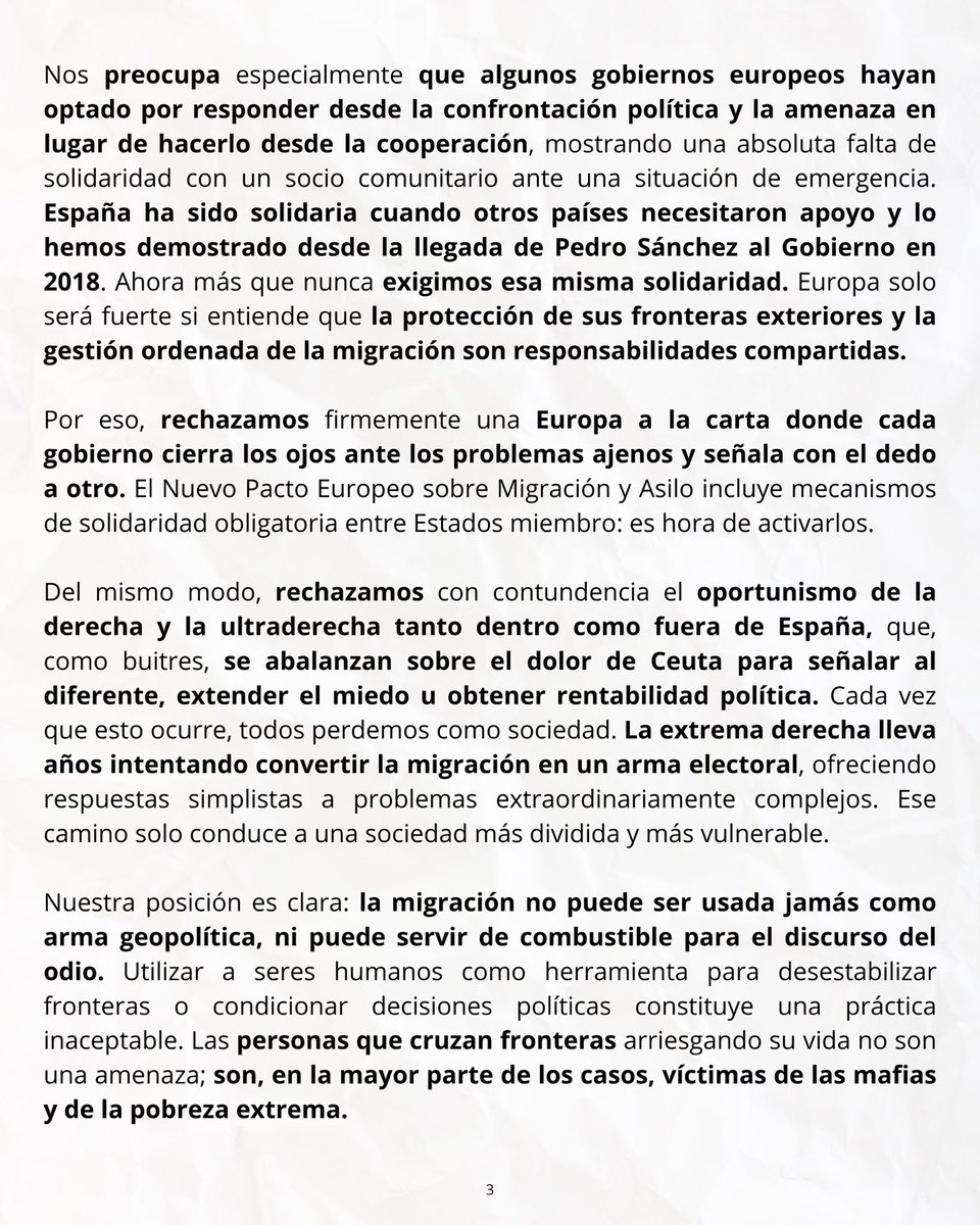 JSE_ORG's tweet photo. Ceuta merece toda nuestra solidaridad y compromiso con su bienestar, seguridad y convivencia, así como la respuesta, protección y respaldo de todas las instituciones.

La migración no puede ser usada como arma geopolítica, ni puede servir de combustible para el discurso del odio. https://t.co/nsxNmKtBKl