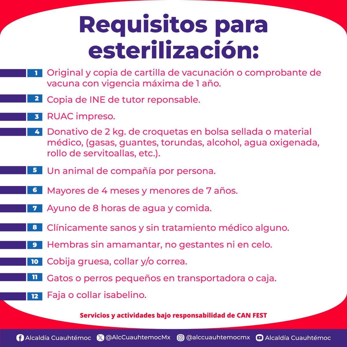 AlcCuauhtemocMx's tweet photo. 🐶🐱 Una jornada pensada para quienes forman parte de tu familia.
Ven al CAN FEST y aprovecha los servicios gratuitos disponibles para perros y gatos. Recuerda consultar los requisitos de cada servicio antes de asistir.
¡Nos vemos! https://t.co/HB0OOCnmej