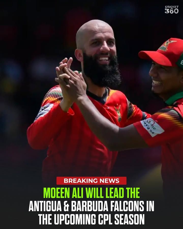 RealCrickets360's tweet photo. 🚨 MOEEN ALI TO LEAD ANTIGUA &amp; BARBUDA FALCONS 🏏🦅

Moeen Ali has been appointed captain of Antigua &amp; Barbuda Falcons for the CPL 2026 season. 

#CPL2026 #CPL #MoeenAli #AntiguaAndBarbudaFalcons #Cricket https://t.co/tXO6fjpGyL